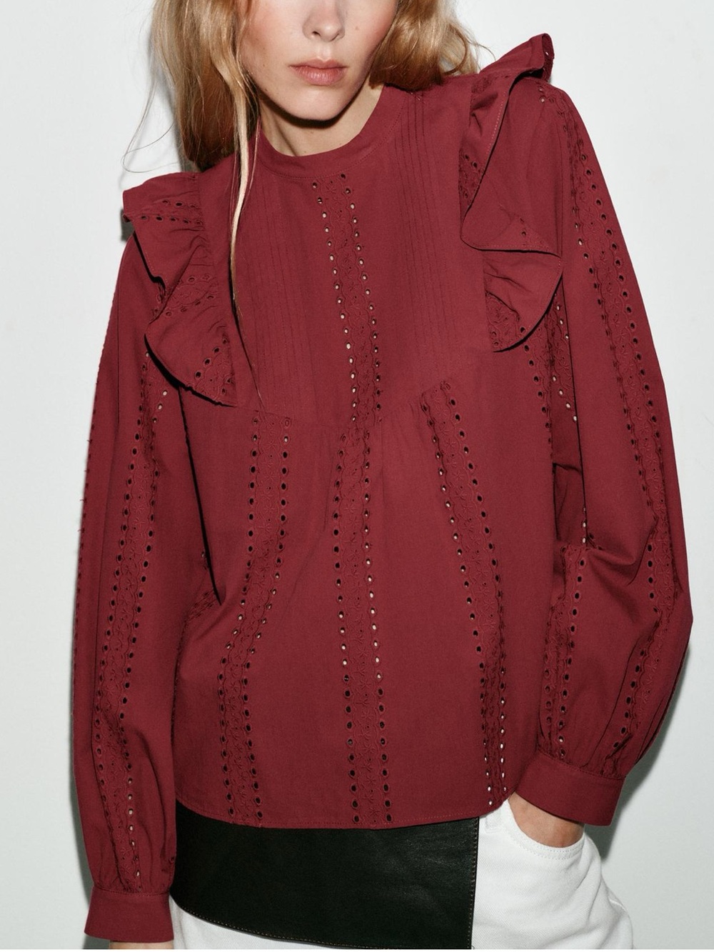 Zara Romantic Perforated Embroidered Long-Sleeve Blouse Burgundy NWT